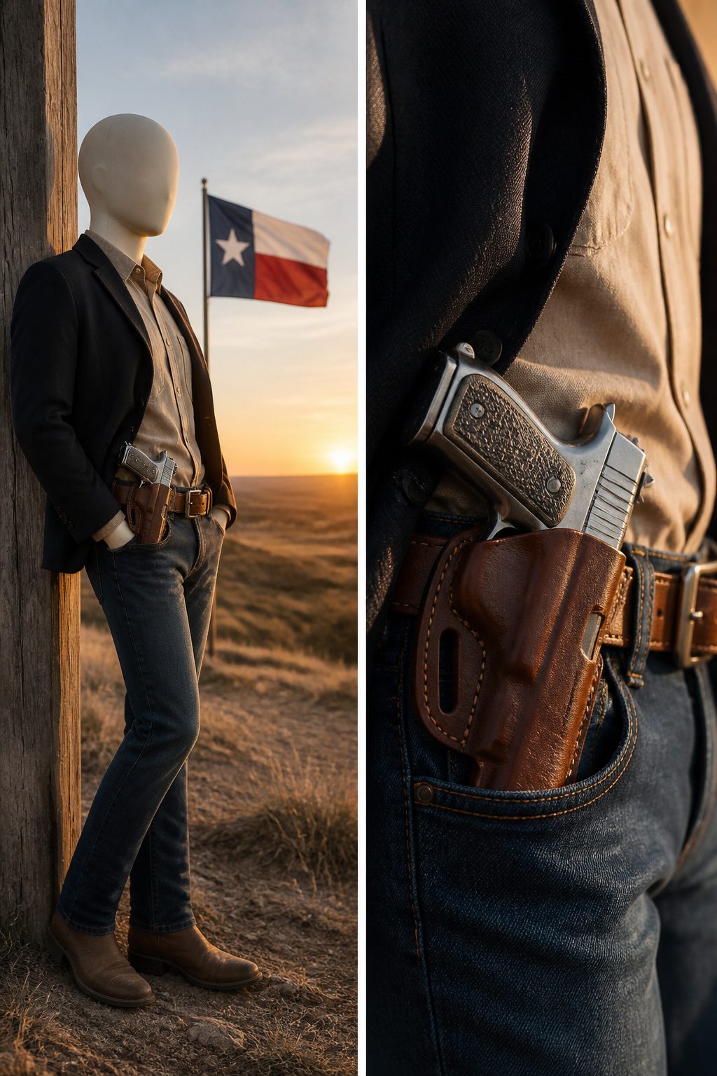 A holstered handgun representing Texas open carry laws.