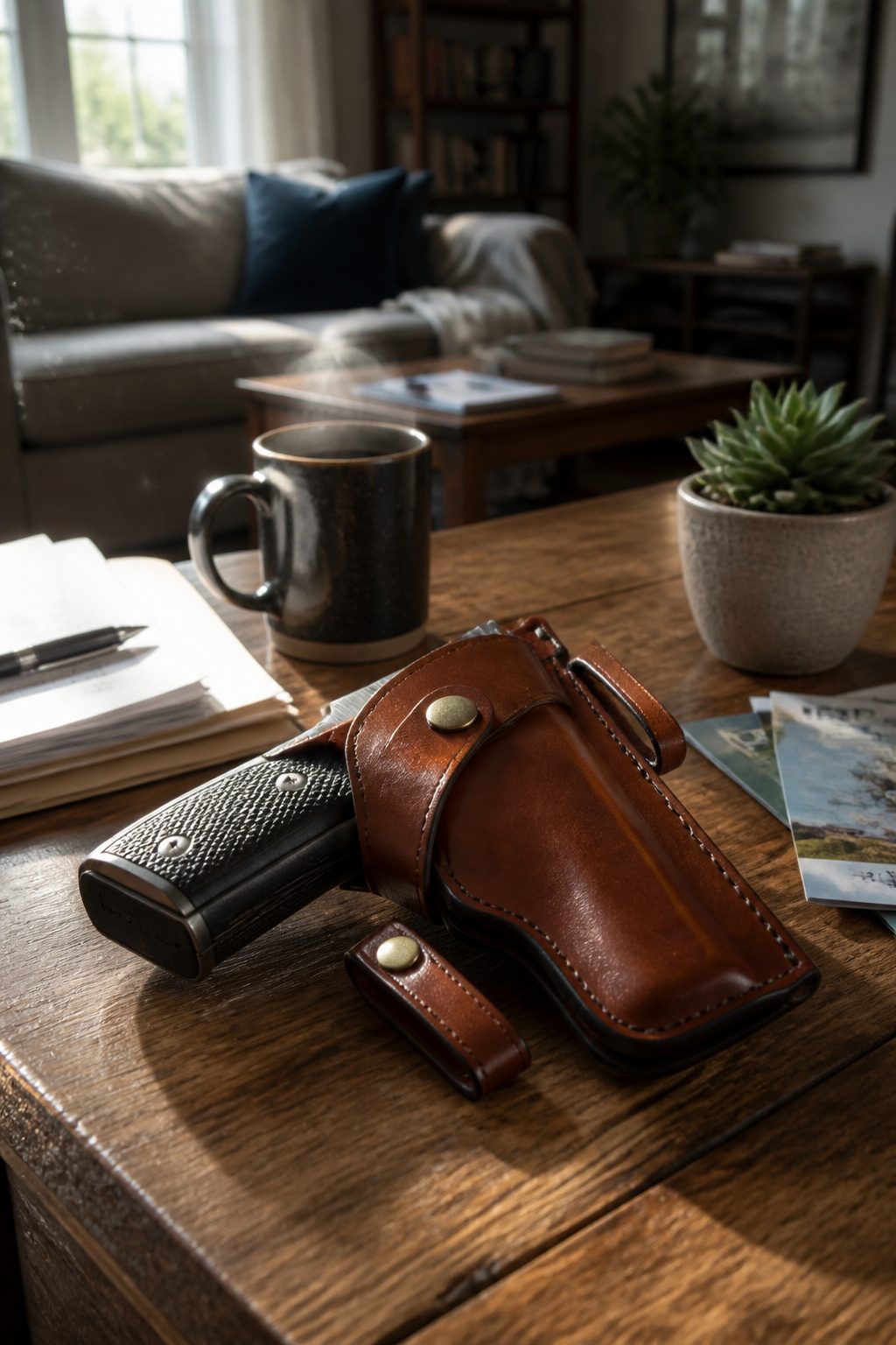 A handgun in a brown leather holster on a wooden table.