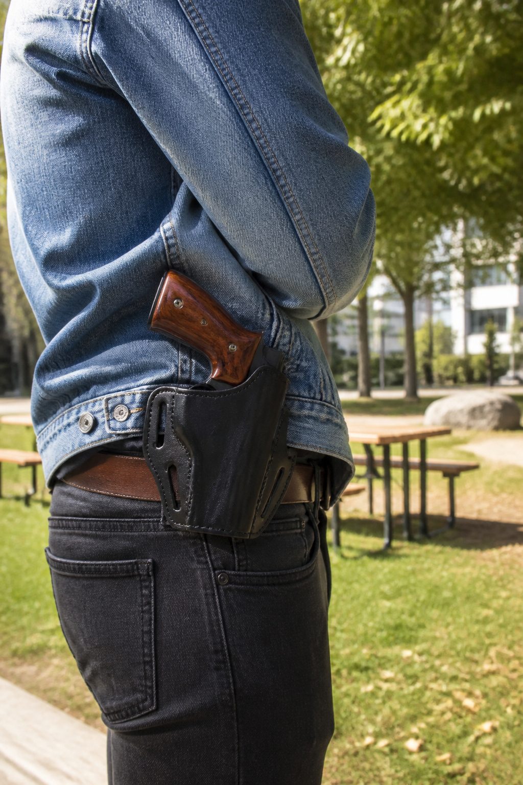 A handgun in a black leather holster on a man's hip.