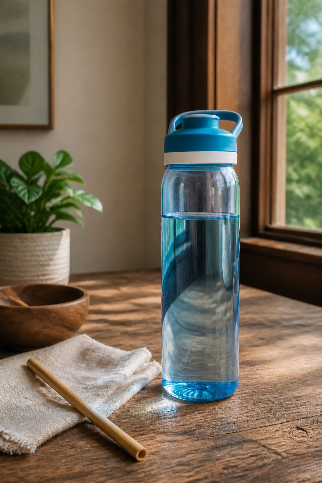 BPA-free plastic water bottle filled with blue liquid on a wooden table.
