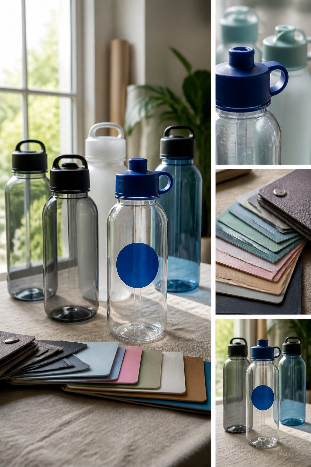 Assorted plastic water bottles with logos and colors for customization.