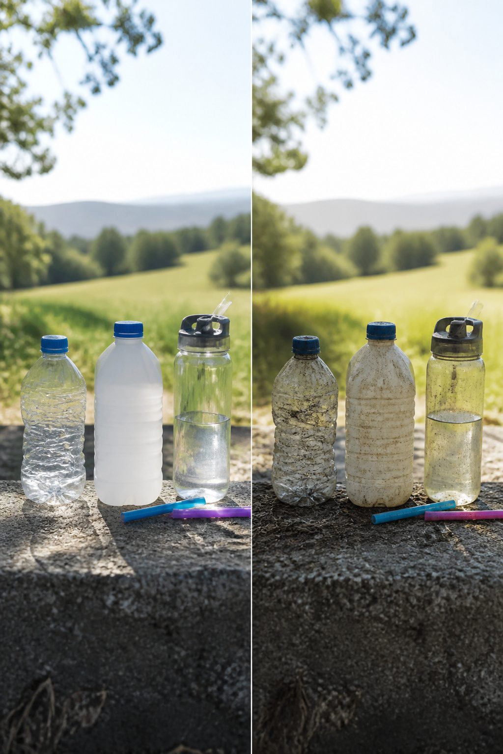 Three plastic water bottles made of PET, HDPE, and Tritan.