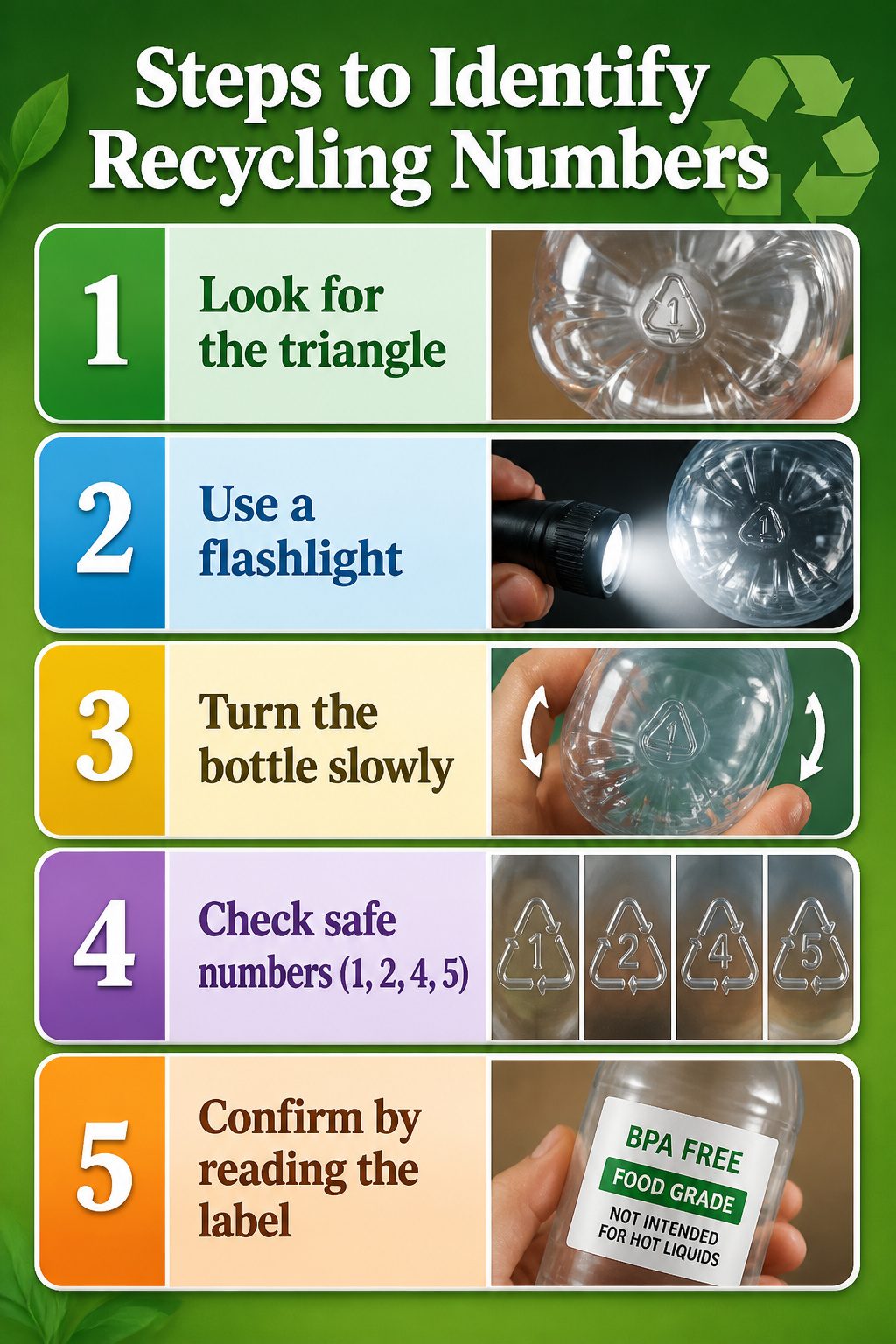 Visual guide showing how to find recycling numbers on plastic bottles.