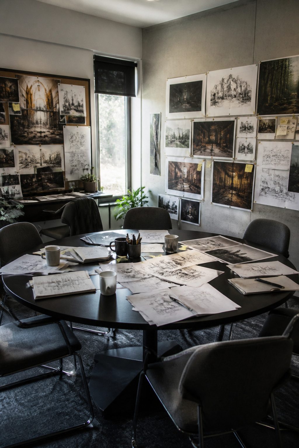 Run Hide Fight: The 2020 Controversial Action Film and Two Key Things It Changed 7 A meeting room with sketches and notes for a new film project.