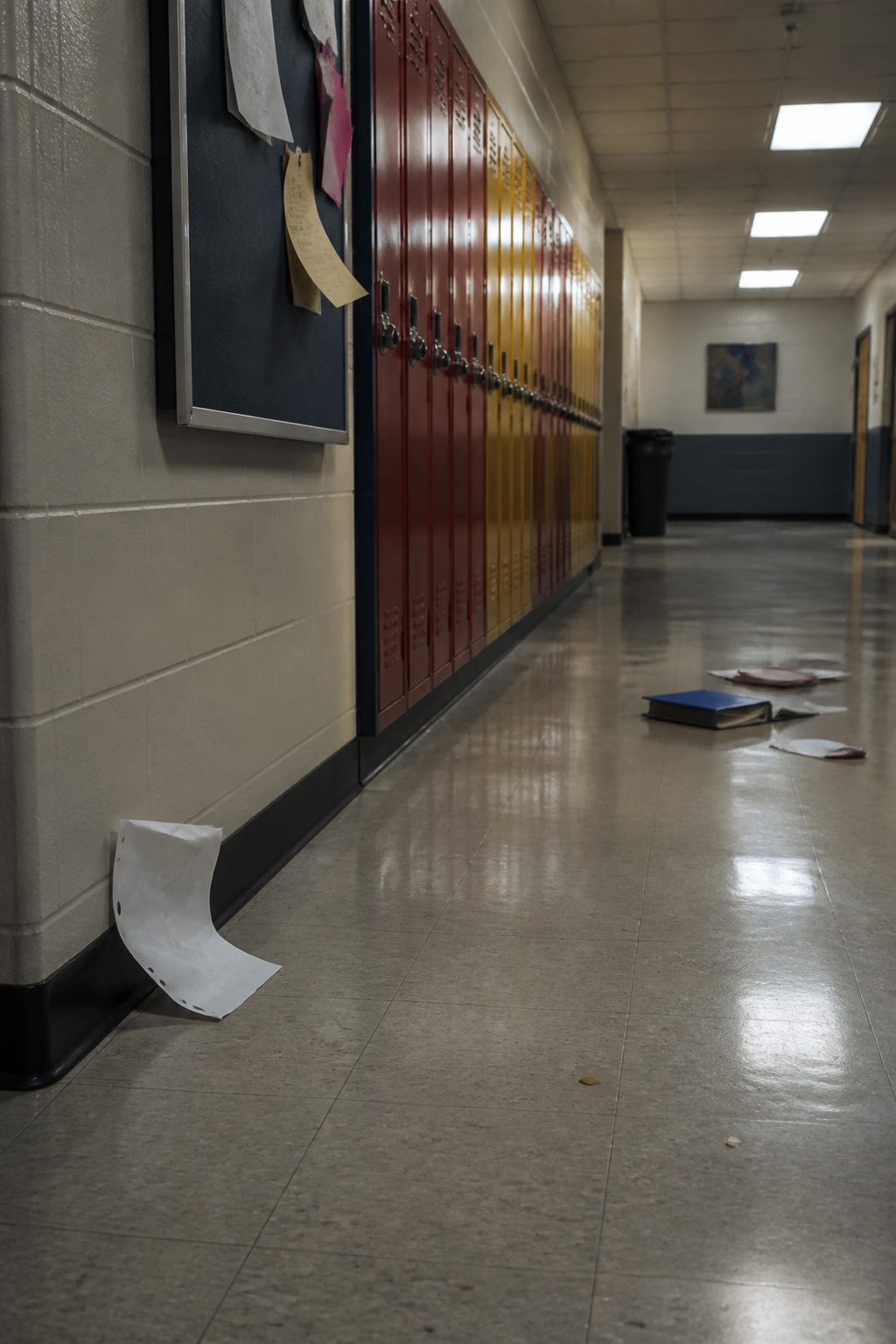 Run Hide Fight: The 2020 Controversial Action Film and Two Key Things It Changed 4 A cluttered high school hallway with lockers and a bulletin board.