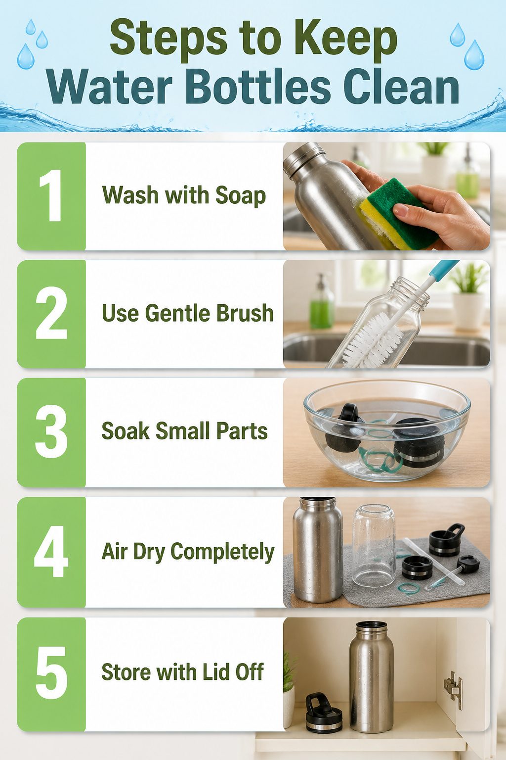 An information graphic outlining steps to keep water bottles clean.