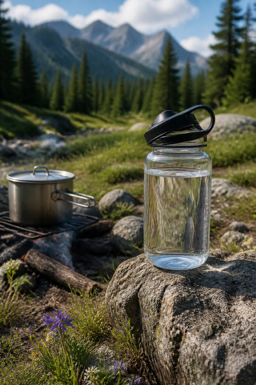 A Nalgene Wide-Mouth bottle set against a camping backdrop.