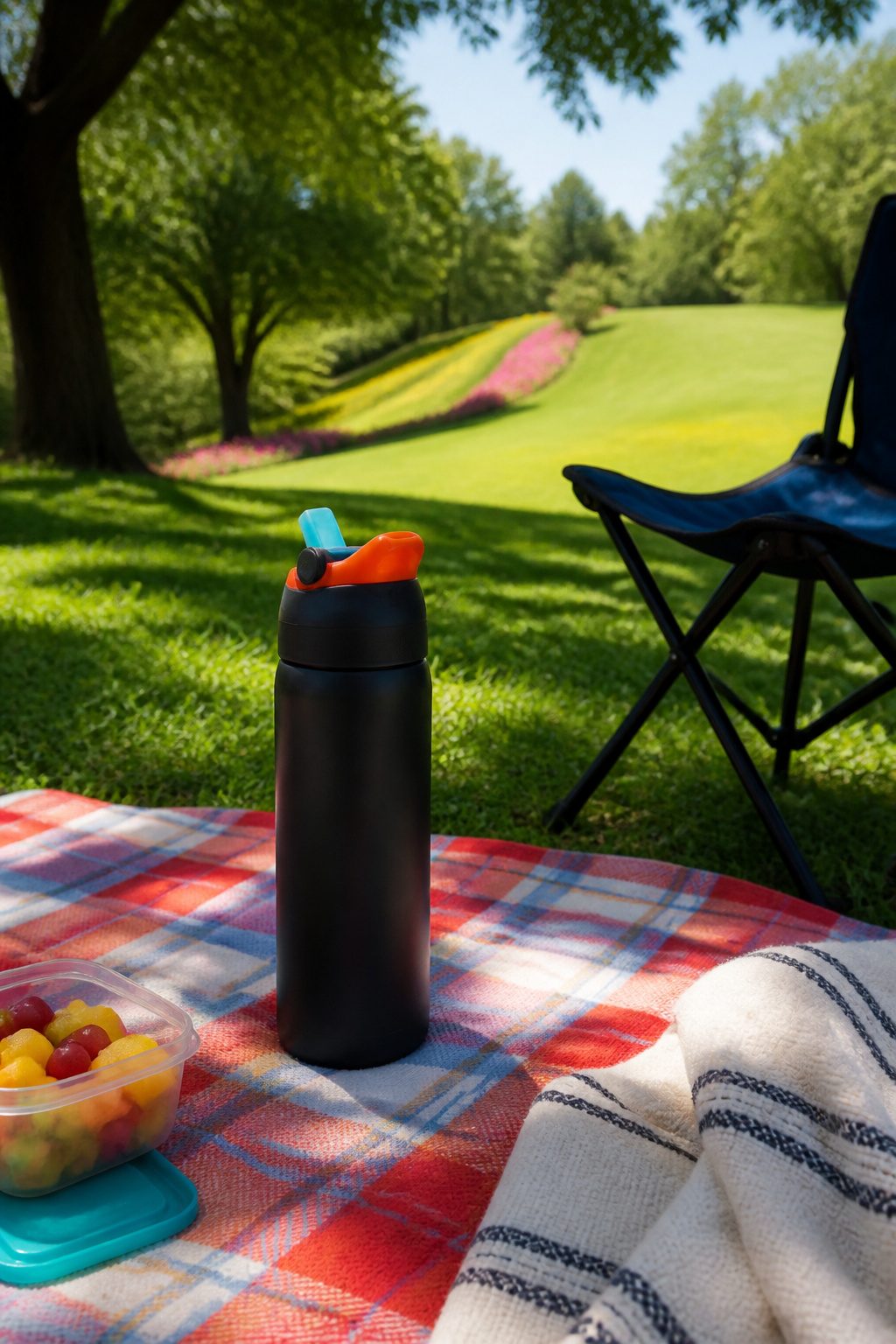 An Owala FreeSip Sway water bottle on a picnic blanket.