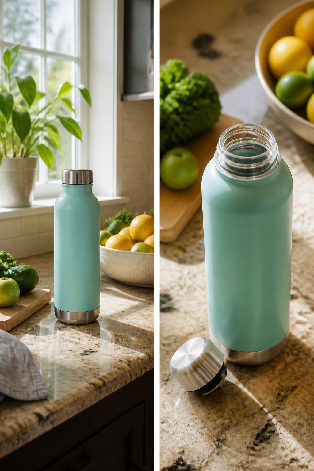 A Purist Mover water bottle showcasing its glass interior.