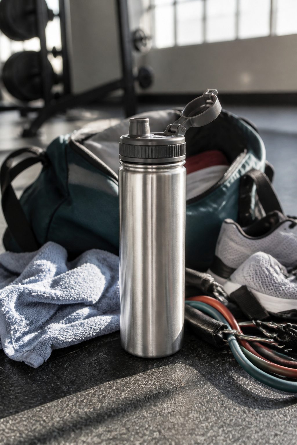 A Takeya Actives water bottle with a flip cap.