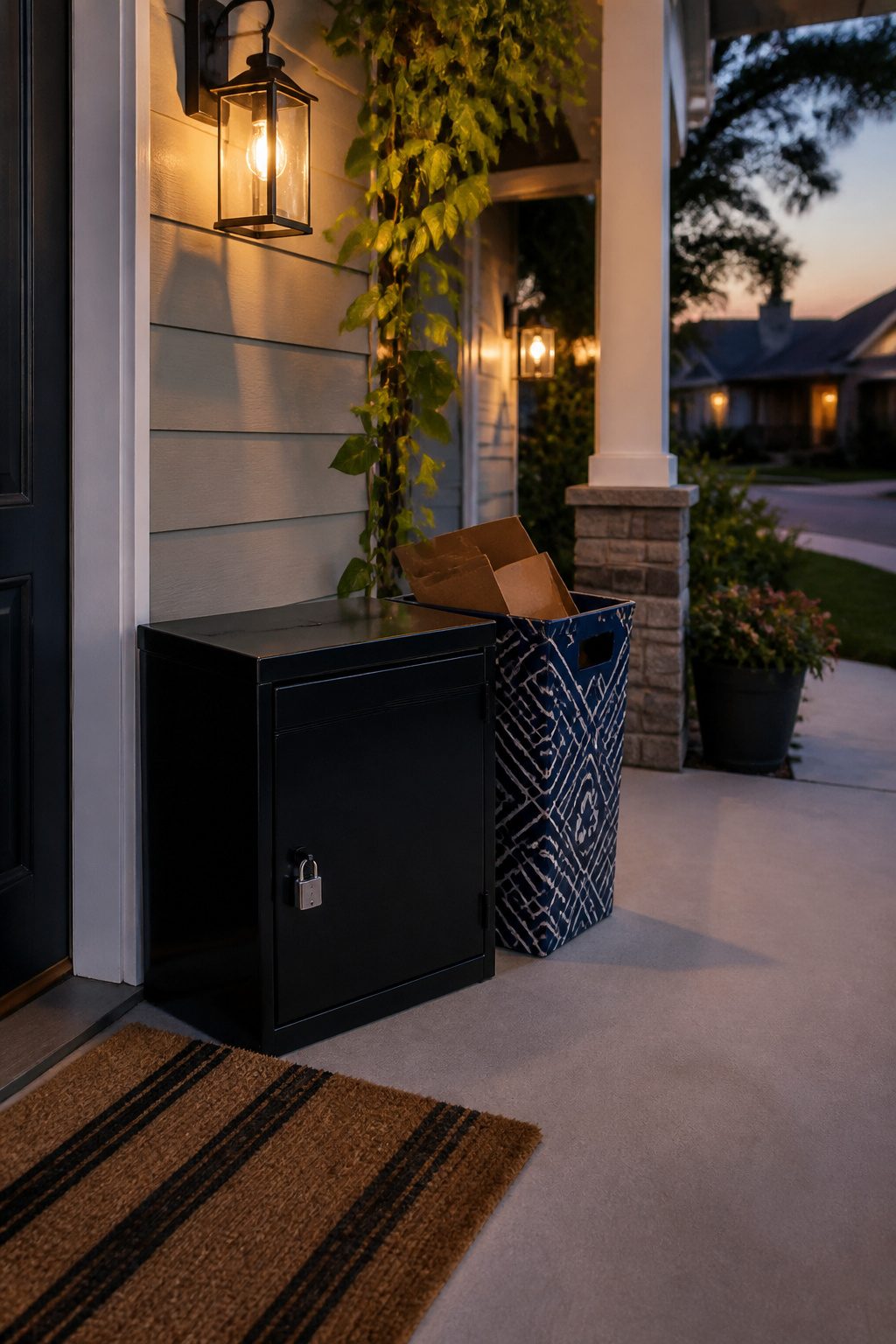 Home Safety and Security: A Practical Guide for 2026 14 A secure lockbox on a porch with a stylish outdoor setting.
