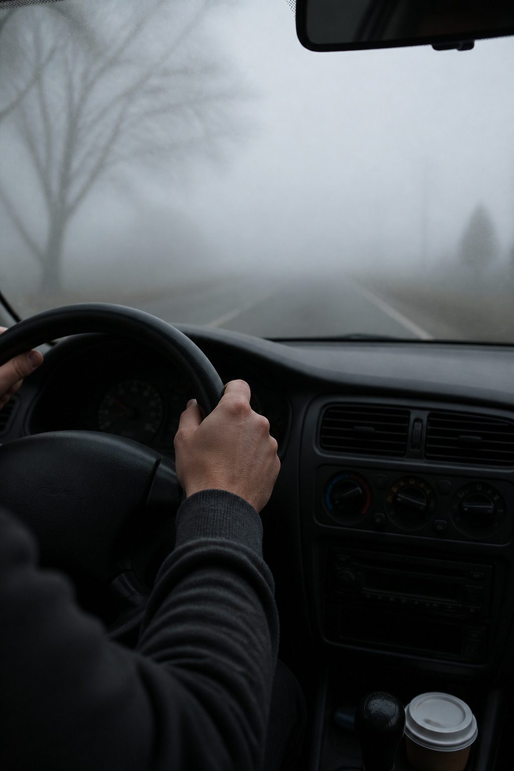 Safety Tips for Driving in the Fog: 9 Ways to Stay Safe in 2026 4 A driver's hands on the steering wheel with foggy visibility outside.