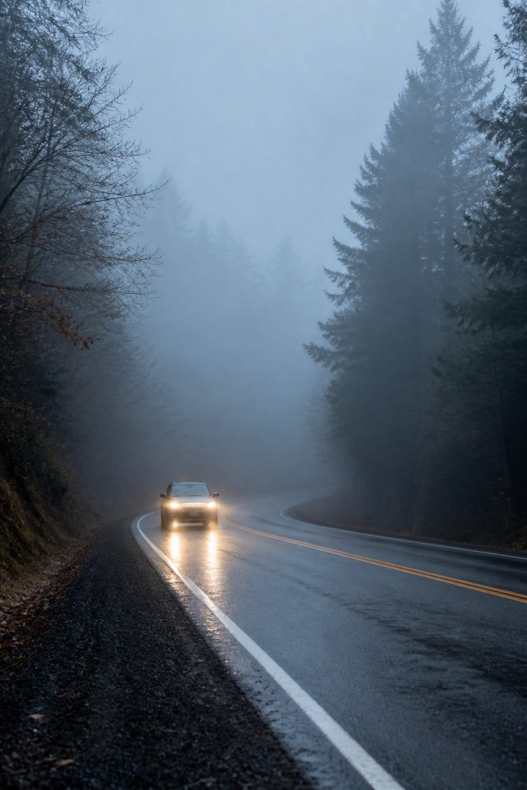 Safety Tips for Driving in the Fog: 9 Ways to Stay Safe in 2026 1 A car on a foggy road showing blurred distance.