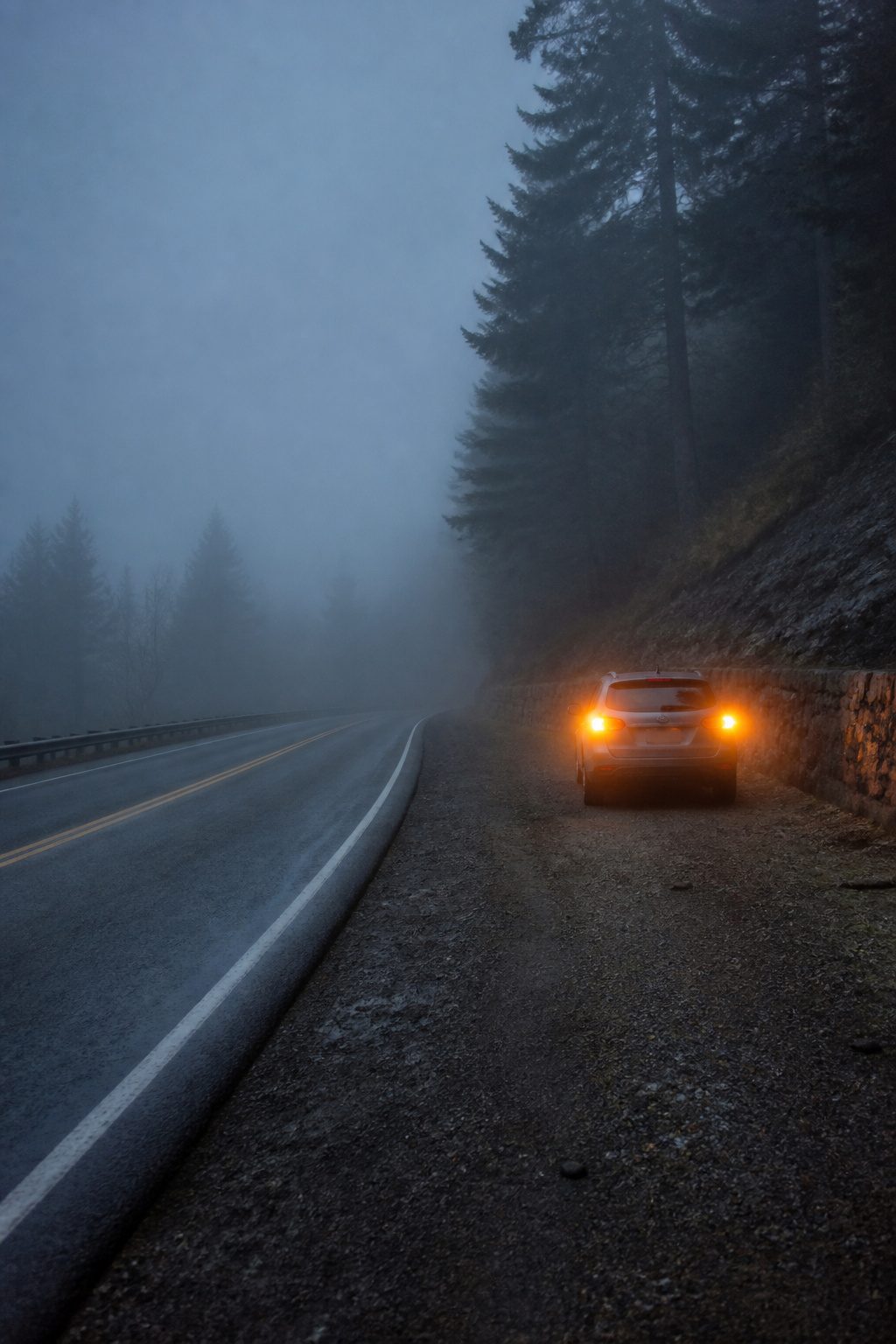 Safety Tips for Driving in the Fog: 9 Ways to Stay Safe in 2026 8 Rear view of a car with hazard lights on in fog.