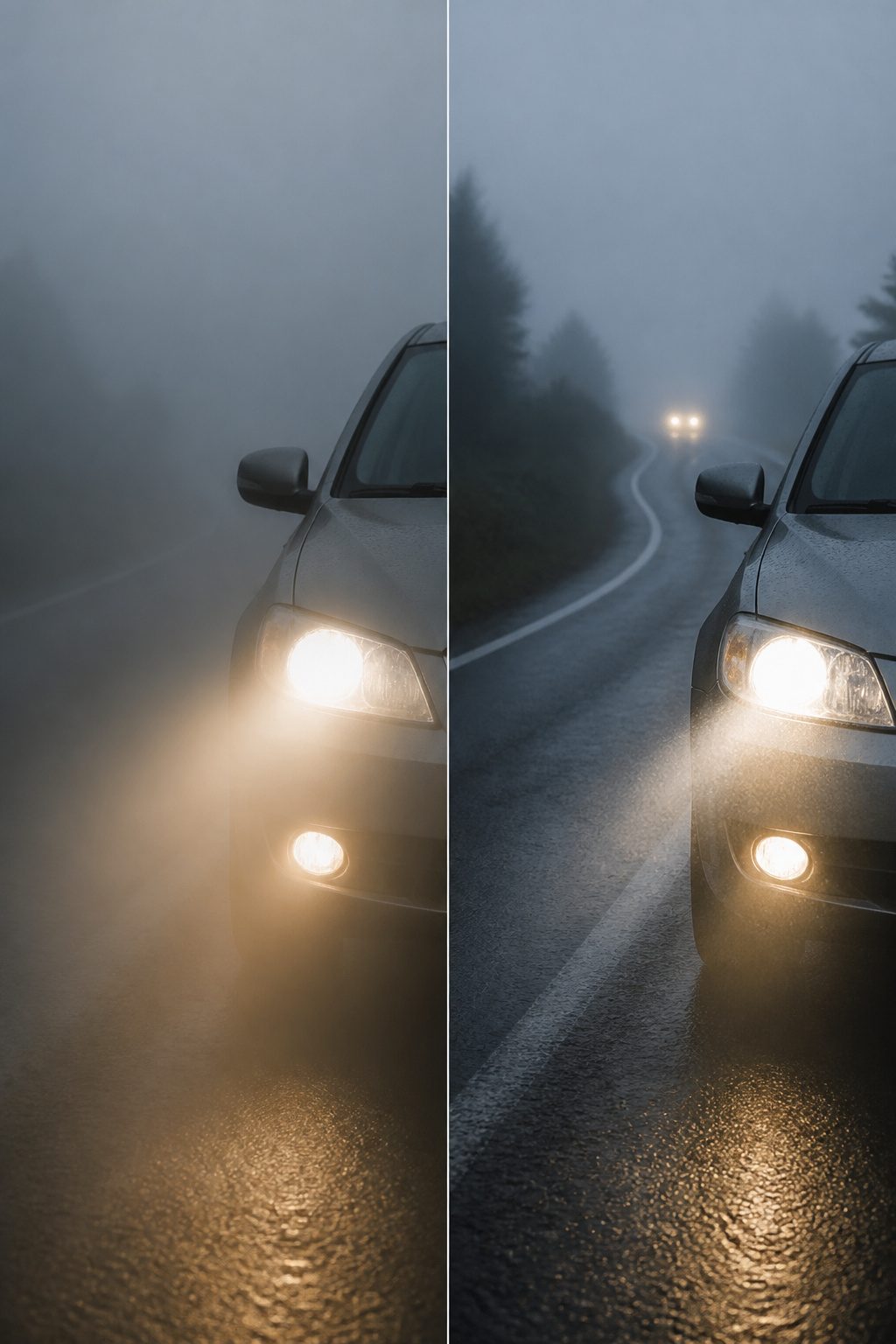 Safety Tips for Driving in the Fog: 9 Ways to Stay Safe in 2026 2 A car's low beam headlights shining through fog.