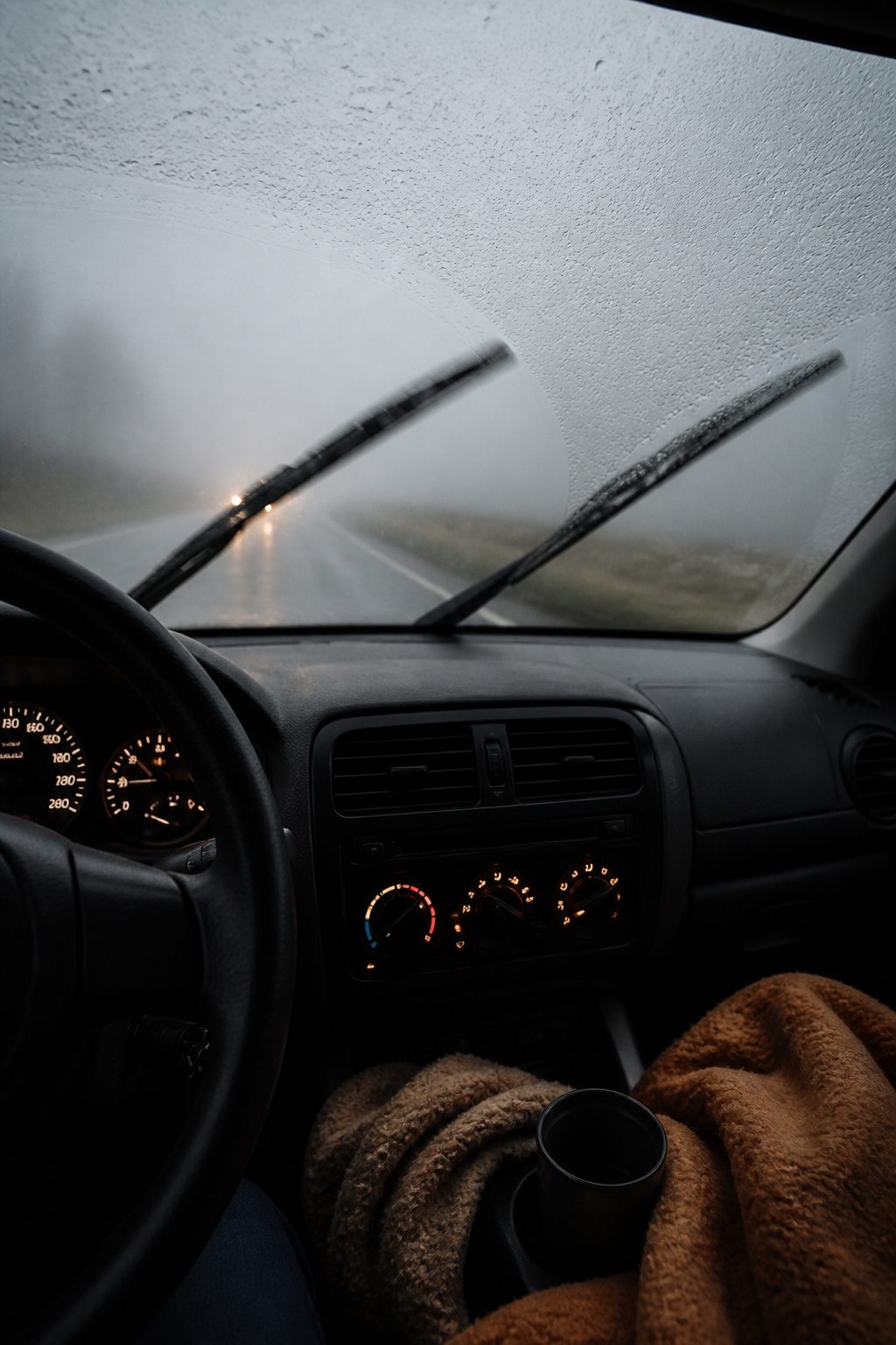 Safety Tips for Driving in the Fog: 9 Ways to Stay Safe in 2026 6 A car with active windshield wipers against foggy background.