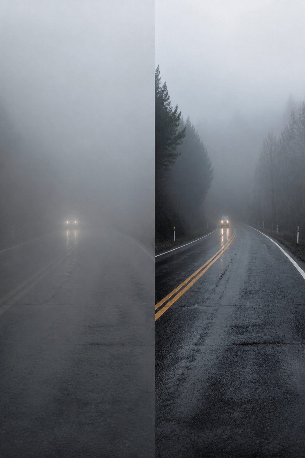 Safety Tips for Driving in the Fog: 9 Ways to Stay Safe in 2026 10 A blurred view of a road sign obscured by fog.