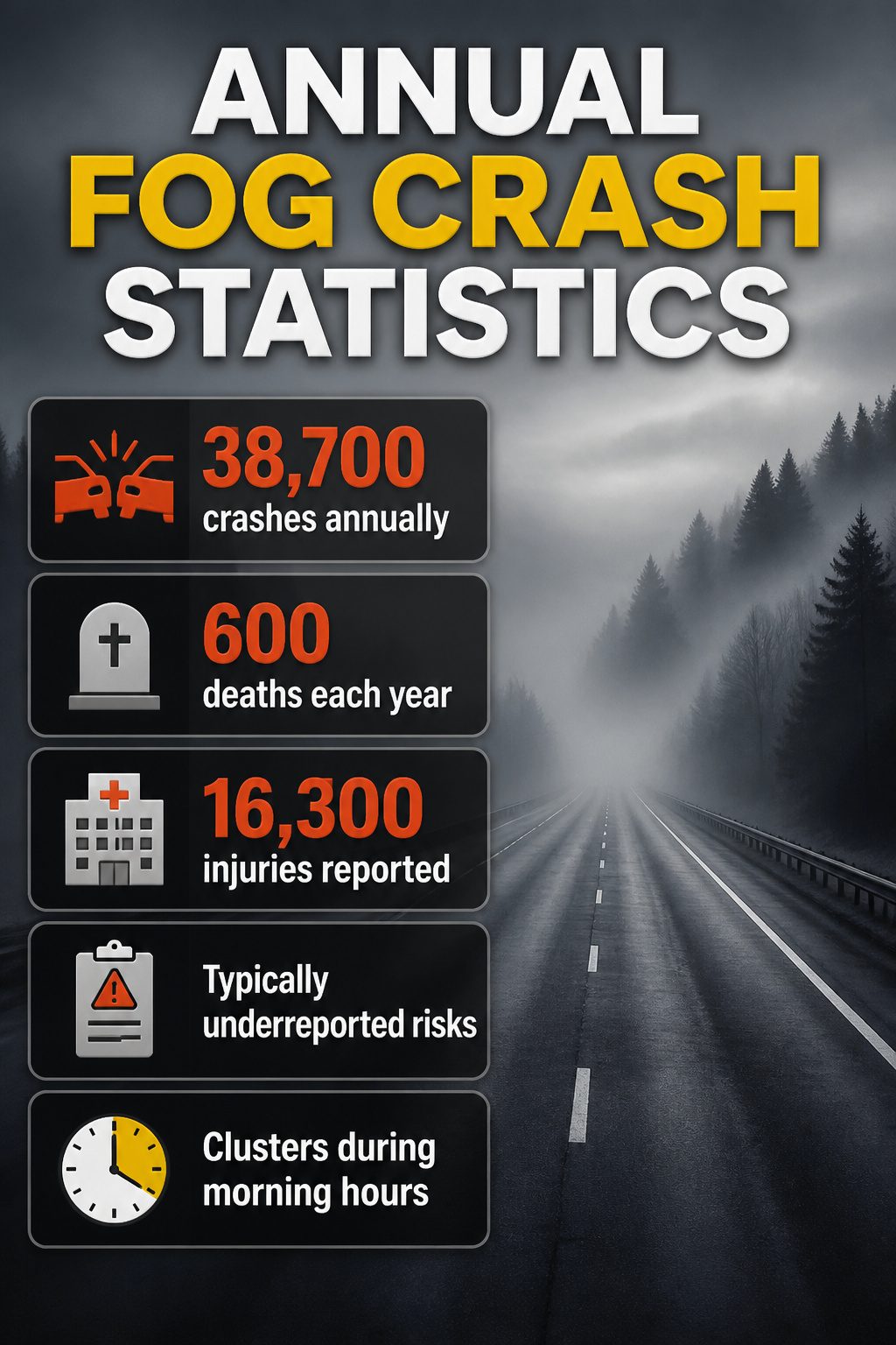 Safety Tips for Driving in the Fog: 9 Ways to Stay Safe in 2026 14 An infographic showing annual fog crash statistics.