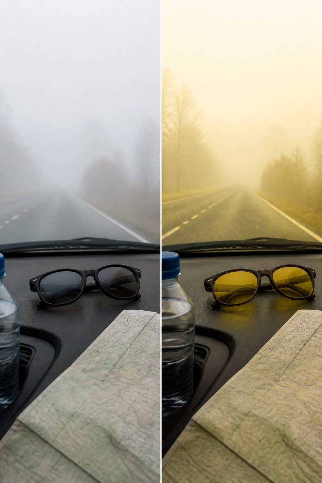 Safety Tips for Driving in the Fog: 9 Ways to Stay Safe in 2026 13 A pair of yellow-tinted sunglasses resting on a dashboard.