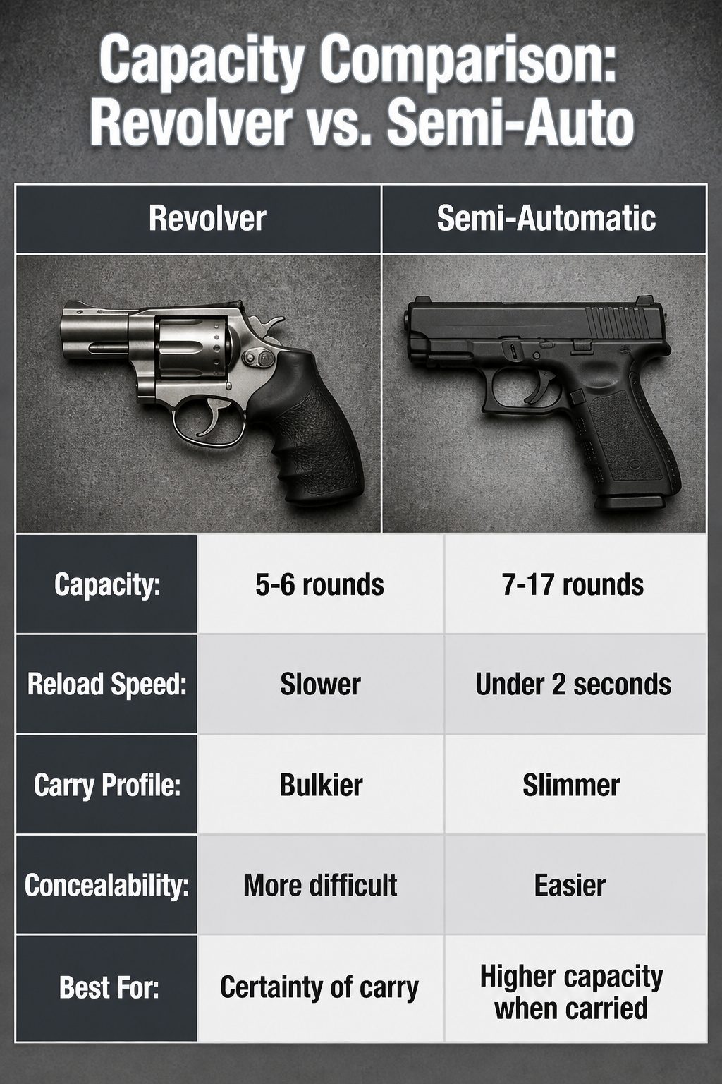 Semi Auto or Revolver for Concealed Carry: 5 Key Comparisons for 2026 2 An infographic comparing capacity of revolvers and semi-autos.