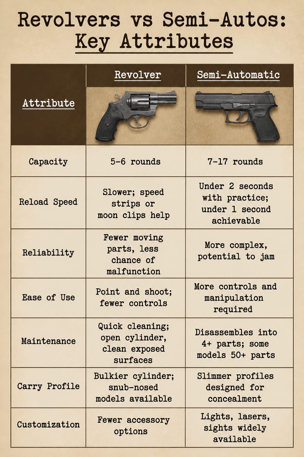 Semi Auto or Revolver for Concealed Carry: 5 Key Comparisons for 2026 10 A table comparing revolvers and semi-automatics attributes.