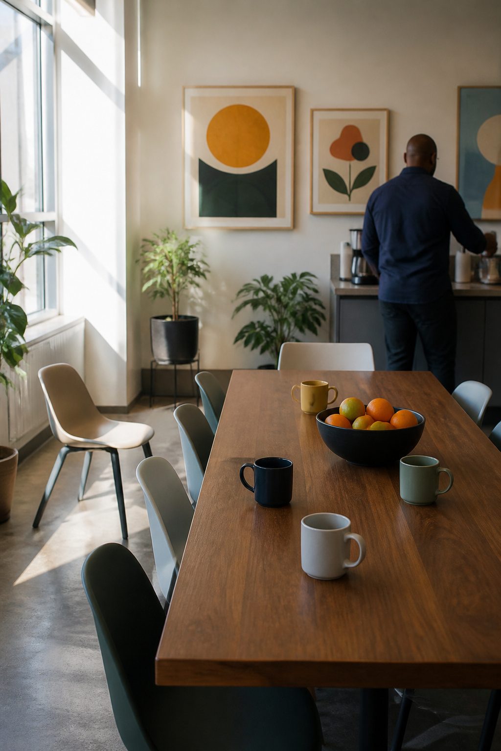 Situational Awareness Tips for Workplace and Daily Safety 8 An office break room with an empty chair at a communal table.