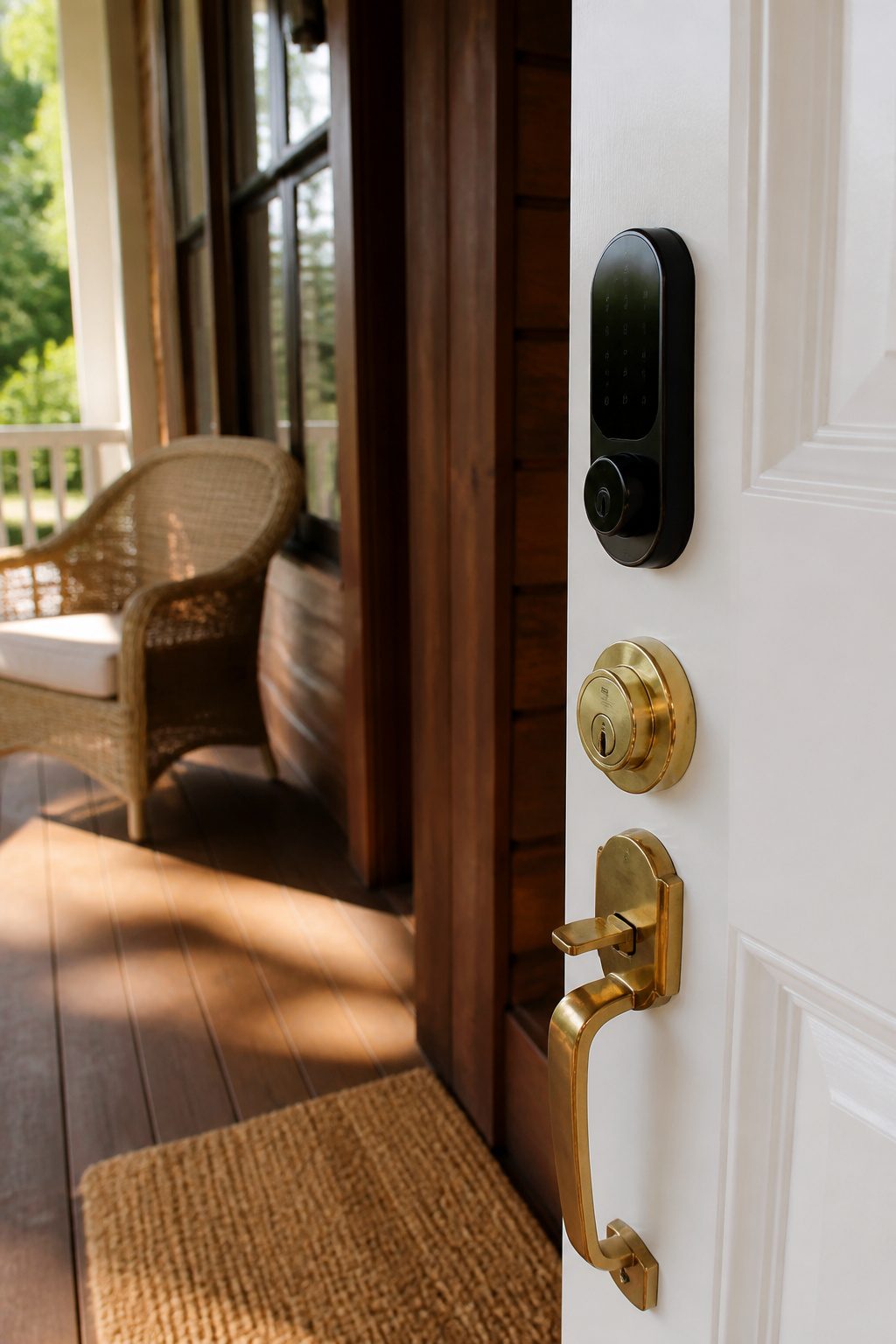 A smart lock with a keypad installed on a white front door.