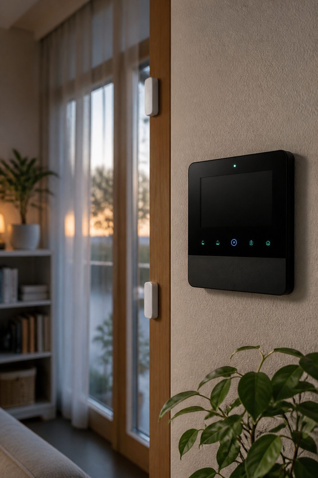 A sleek alarm system control panel mounted on a textured wall.