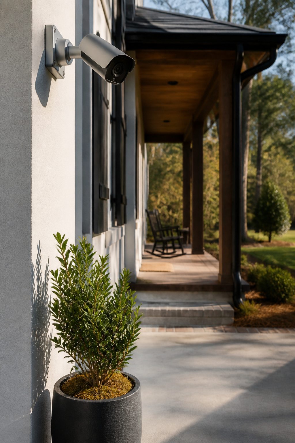 A silver 4K surveillance camera mounted on a home's exterior wall.