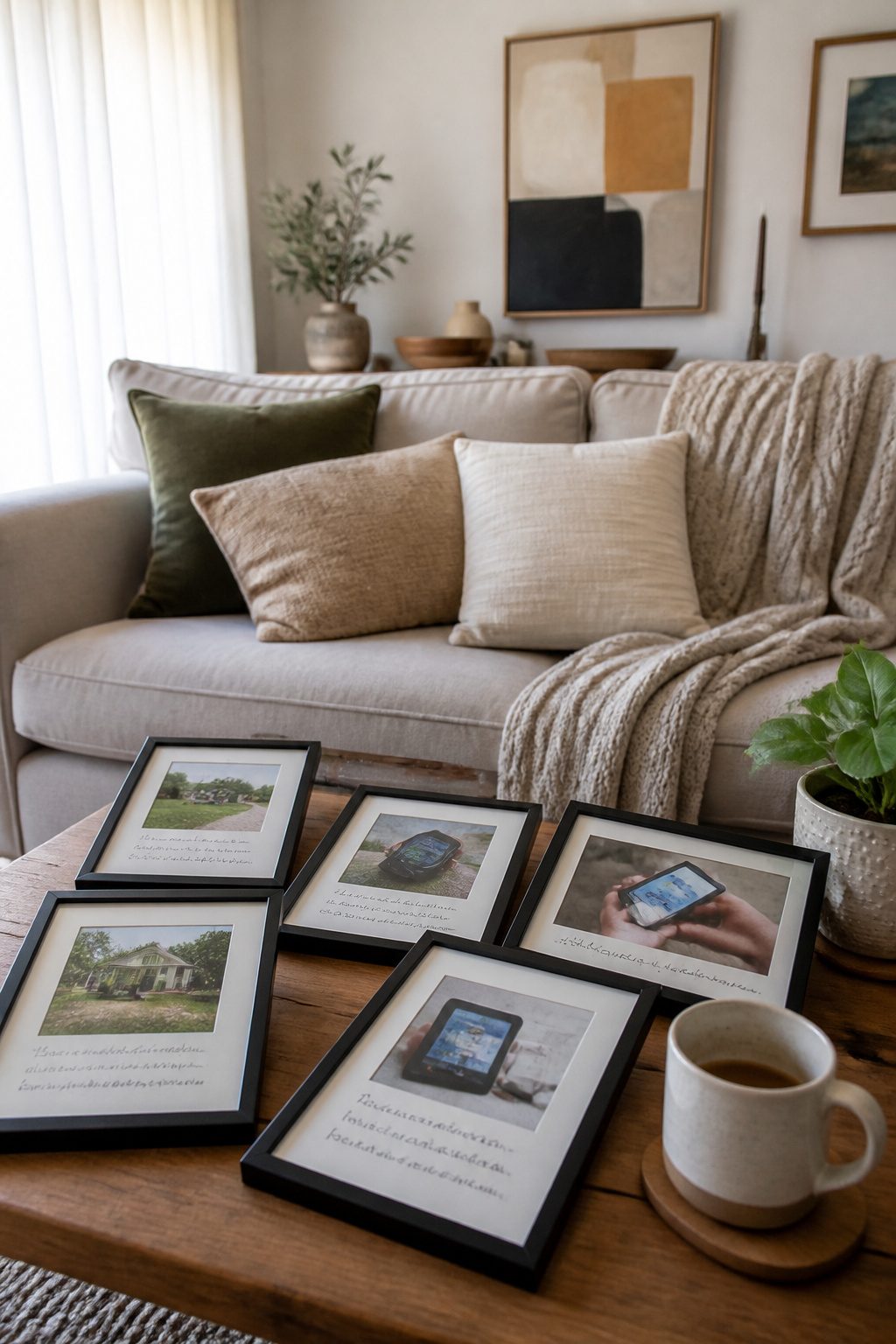 A coffee table displaying customer review printouts for a security provider.