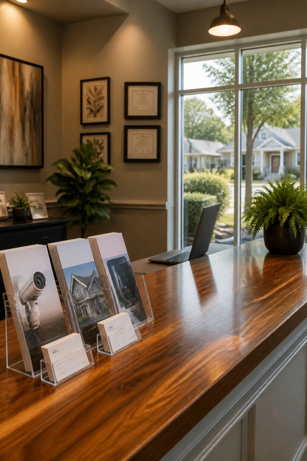 A polished wooden countertop with security service brochures and cards.