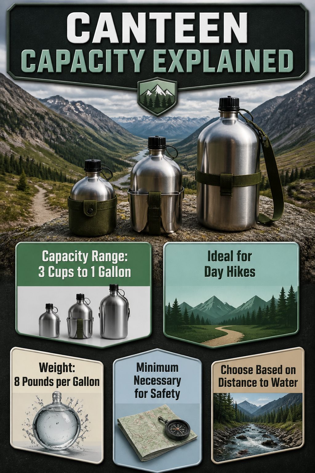 Stainless Steel Canteen: Styles, Covers, and What to Know 6 An information graphic showing canteen capacities from 3 cups to 1 gallon.