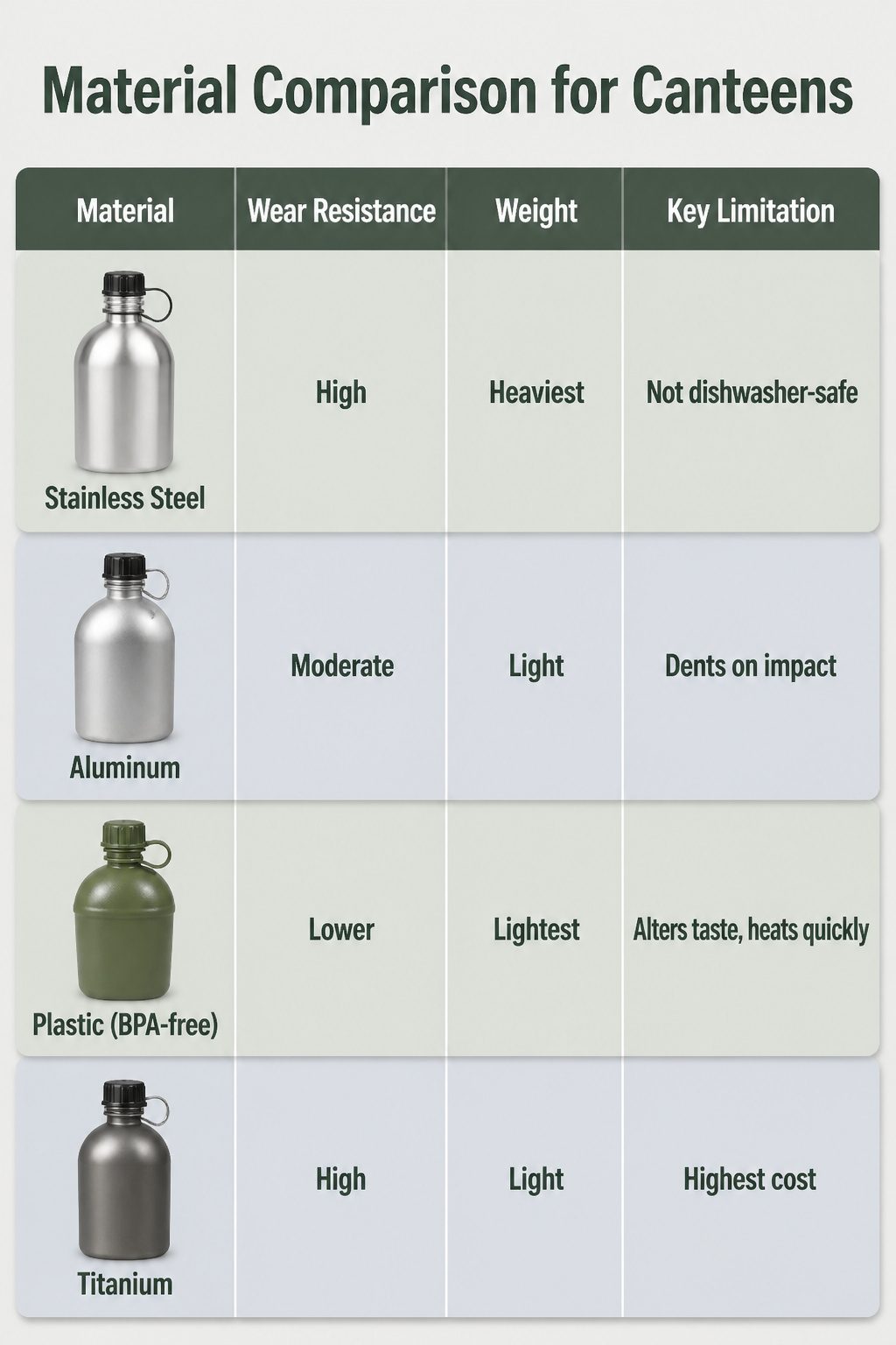 Stainless Steel Canteen: Styles, Covers, and What to Know 8 A comparison chart of canteen materials and their wear resistance.