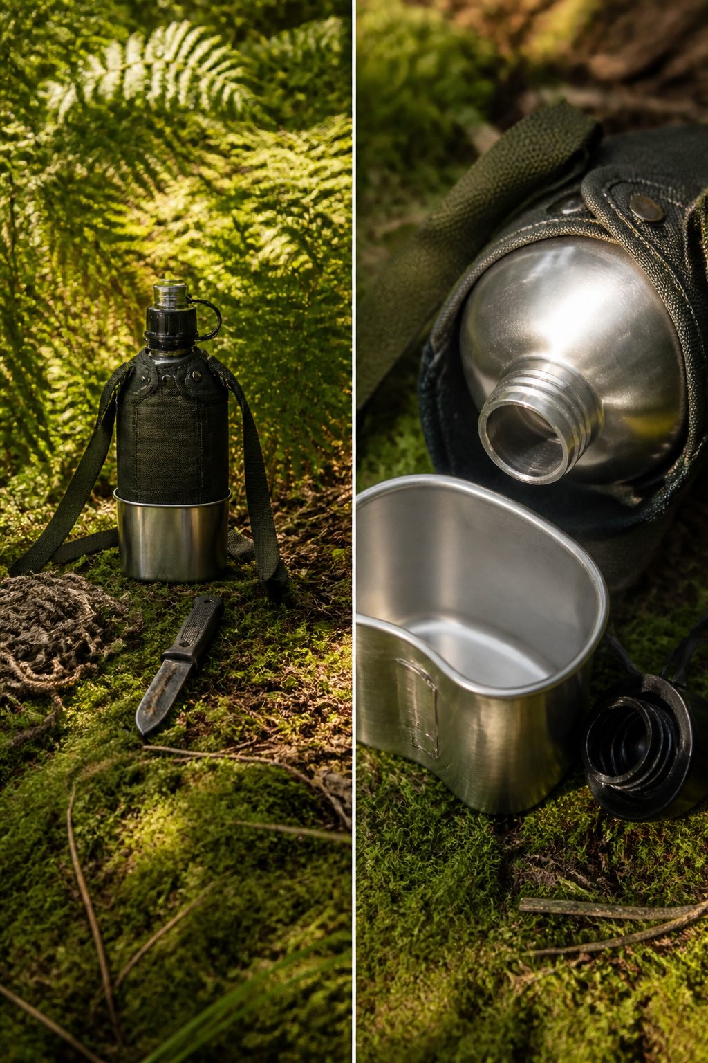 Stainless Steel Canteen: Styles, Covers, and What to Know 3 A military-style stainless steel canteen with its cover and cup.