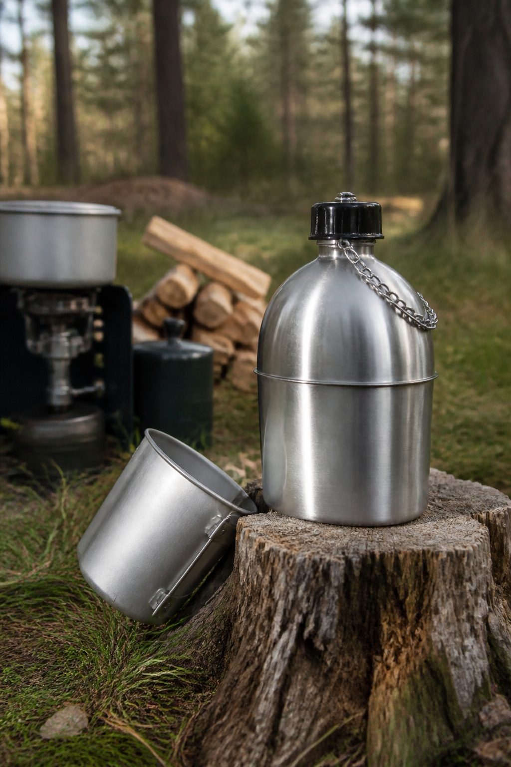 Stainless Steel Canteen: Styles, Covers, and What to Know 2 Rothco GI Style canteen and nesting cup on a wooden stump.