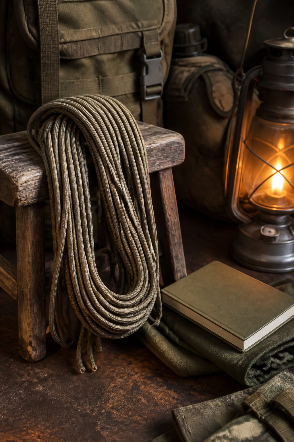 Length of military-spec paracord draped on a wooden stool.