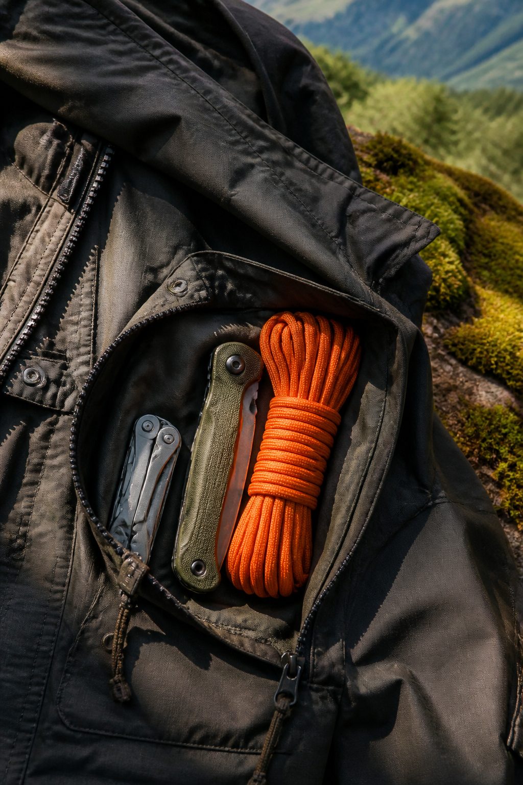 Coiled length of paracord fitting in a jacket pocket.