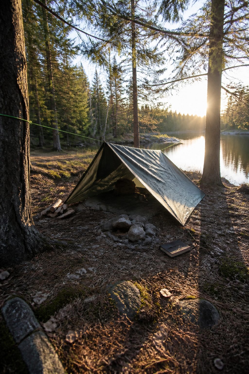 Paracord used for a tarp ridge line in a camping setup.