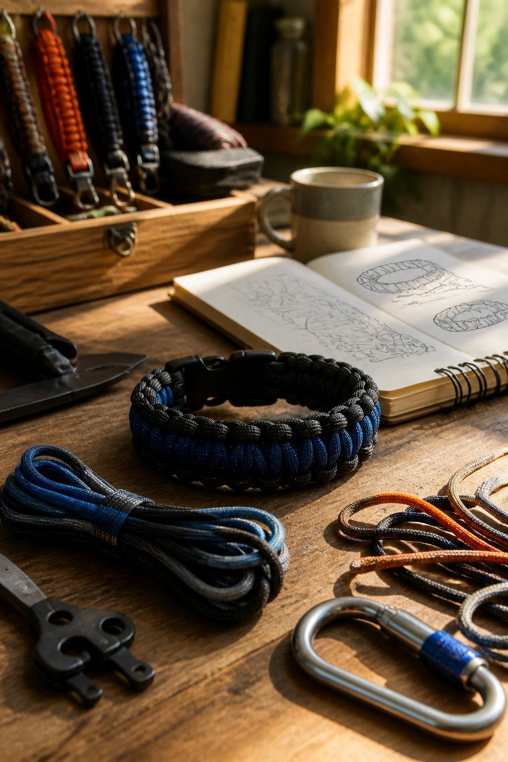 Black and blue cobra weave paracord bracelet on a workbench.