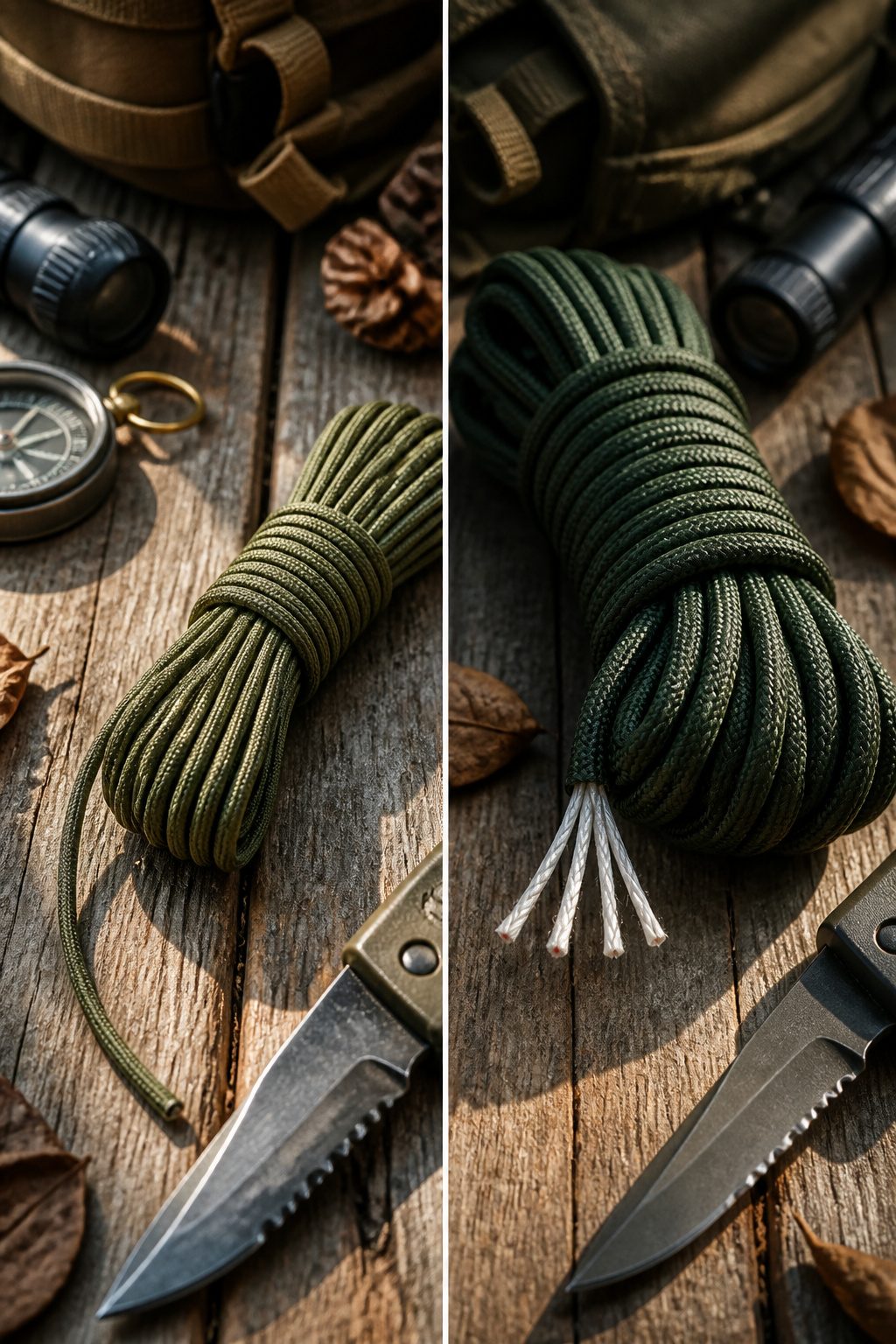 Type I and Type II paracord spools on a textured surface.