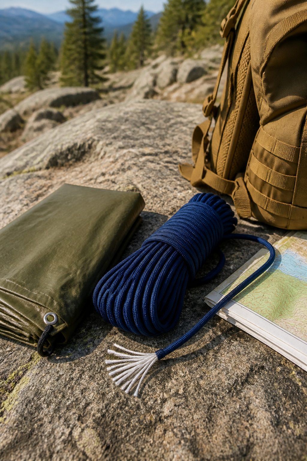 Vibrant spool of Type III paracord on a rugged rock background.