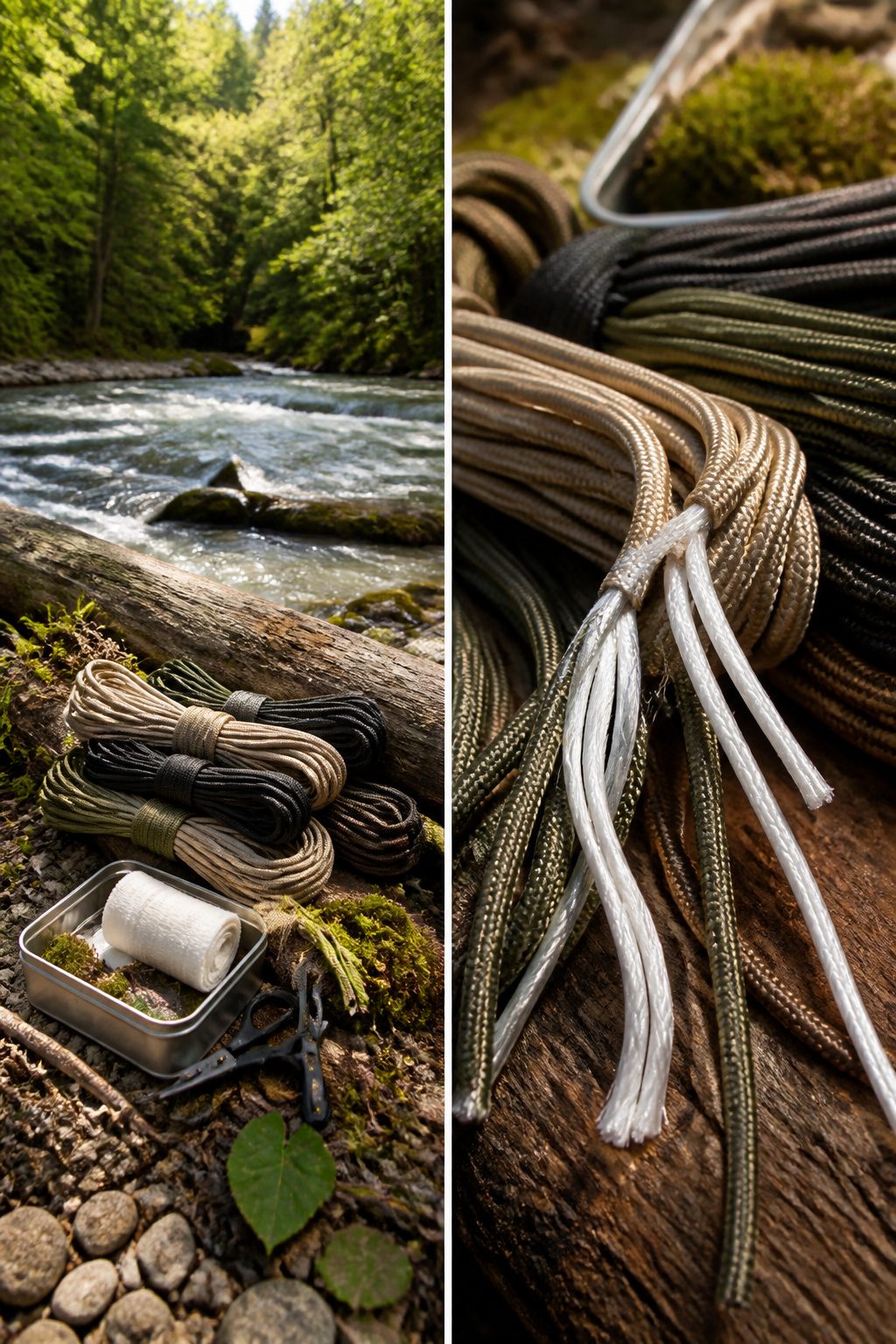 Section of paracord next to fishing gear and first aid items.