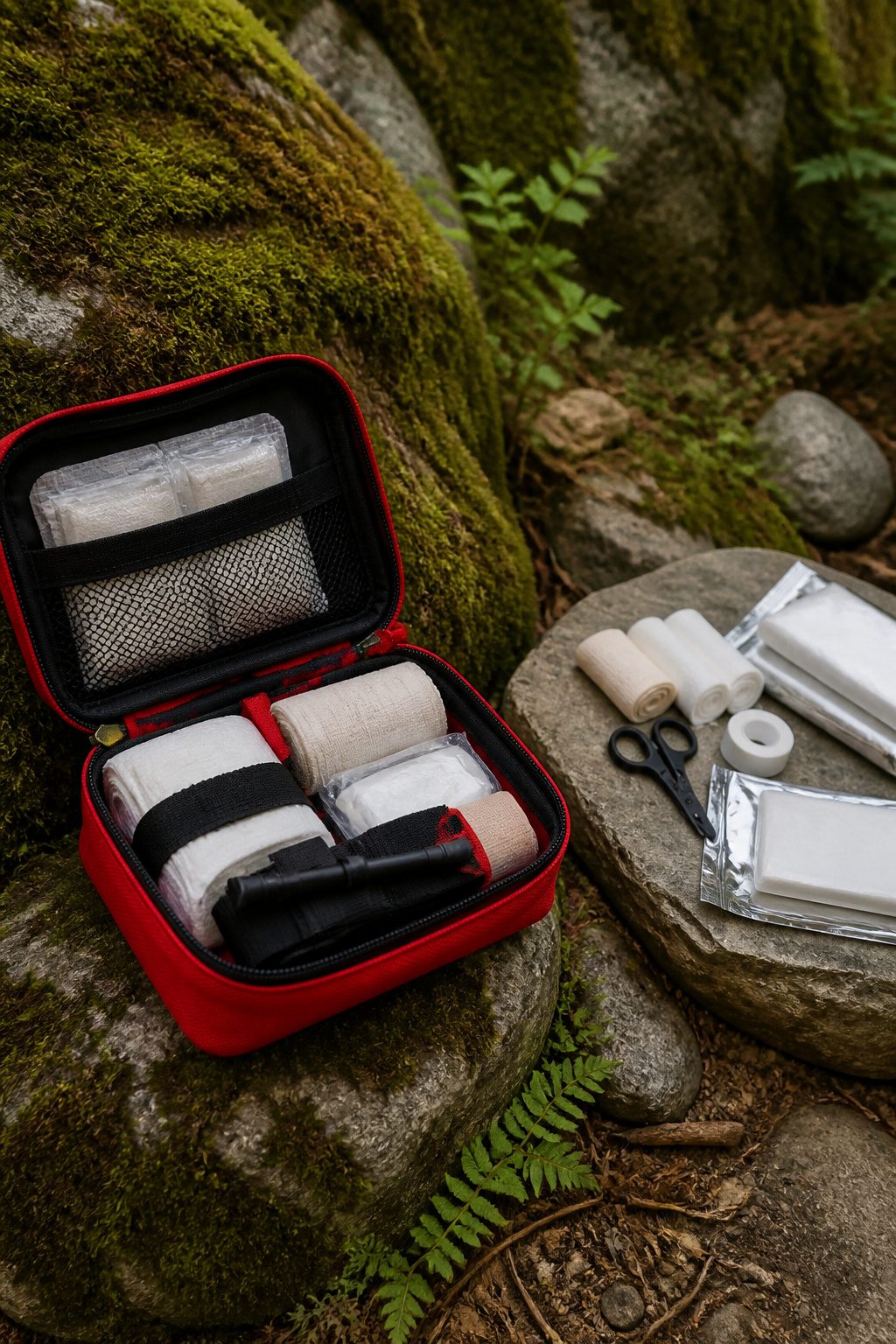 Survival Priorities: What Comes First in the Backcountry 6 A compact first aid kit with gauze, a tourniquet, and antibiotic ointment.
