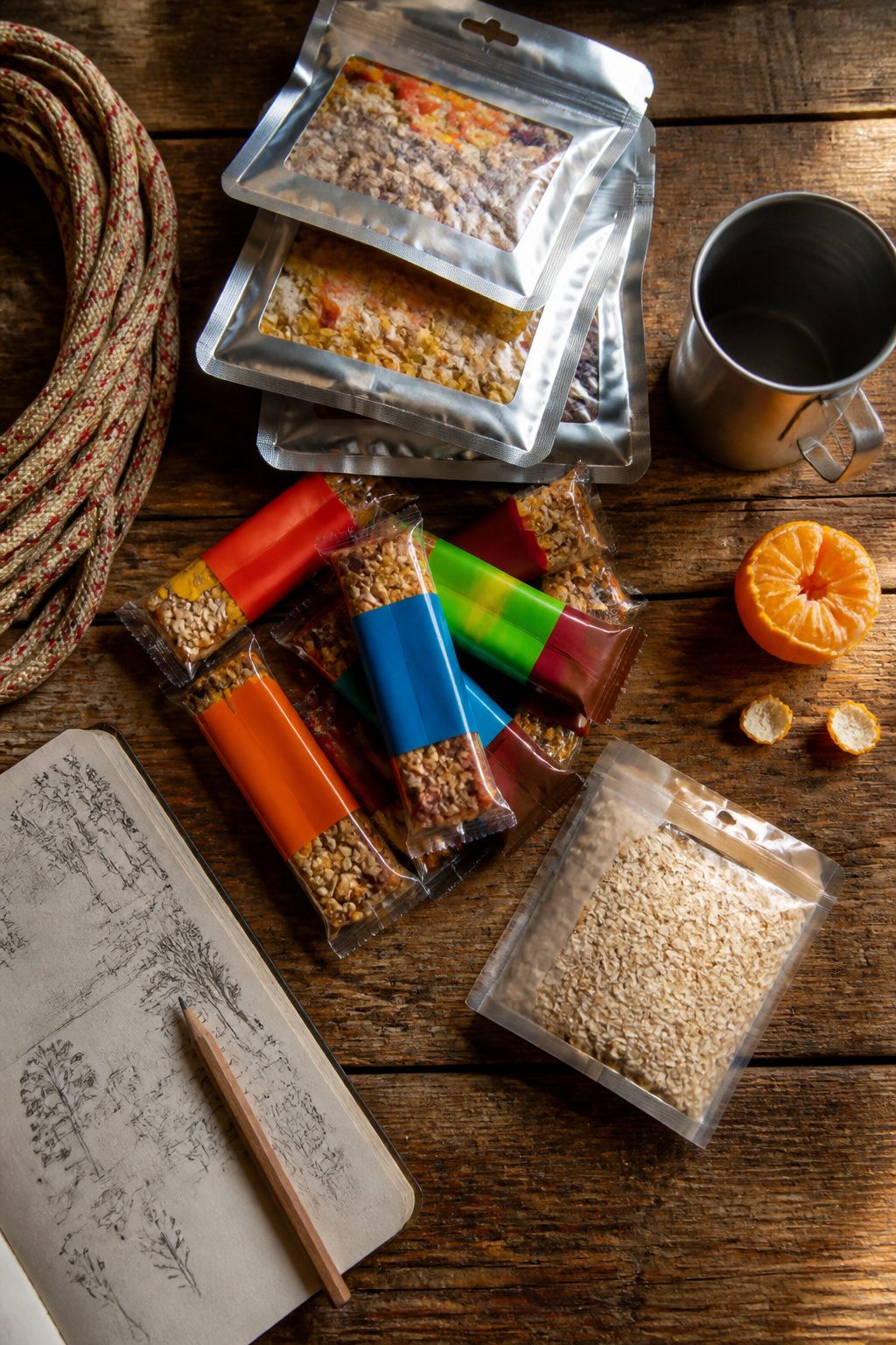 Survival Priorities: What Comes First in the Backcountry 4 Freeze-dried food packets and energy bars arranged on a surface.