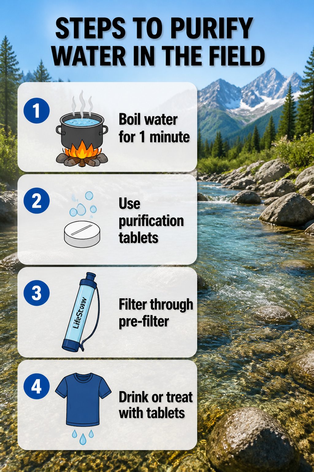 Survival Priorities: What Comes First in the Backcountry 10 Instructions for purifying water using boiling and filtration methods.
