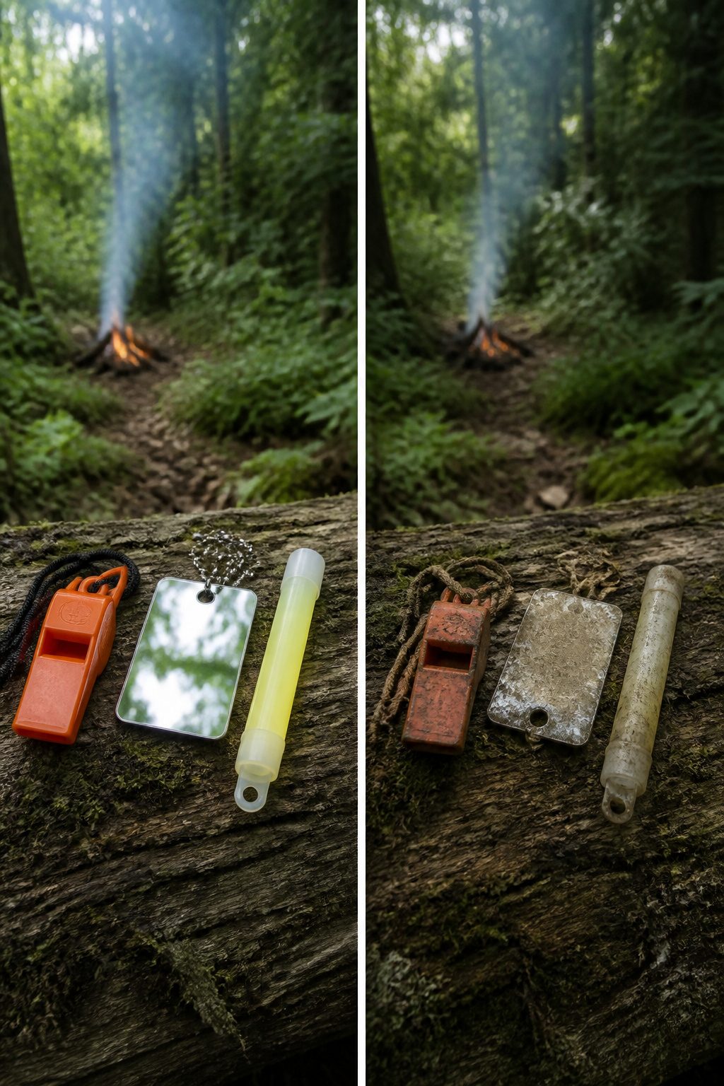 Survival Priorities: What Comes First in the Backcountry 11 A whistle and signal mirror placed on a flat surface in the forest.
