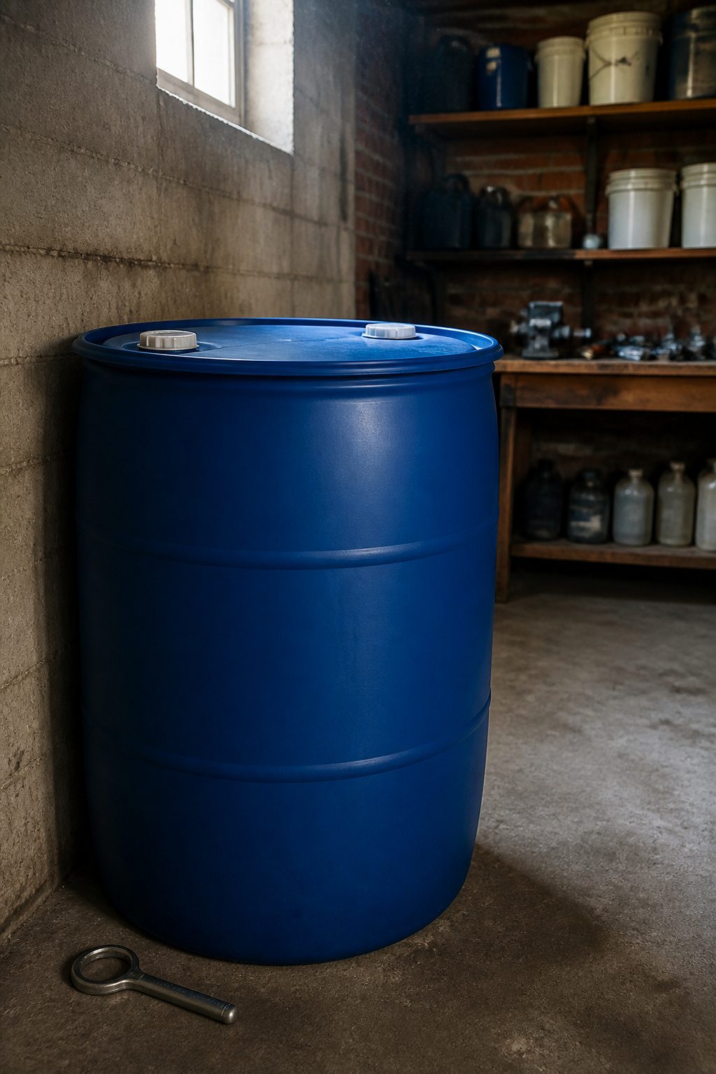 A 55-gallon blue barrel used for storing water.