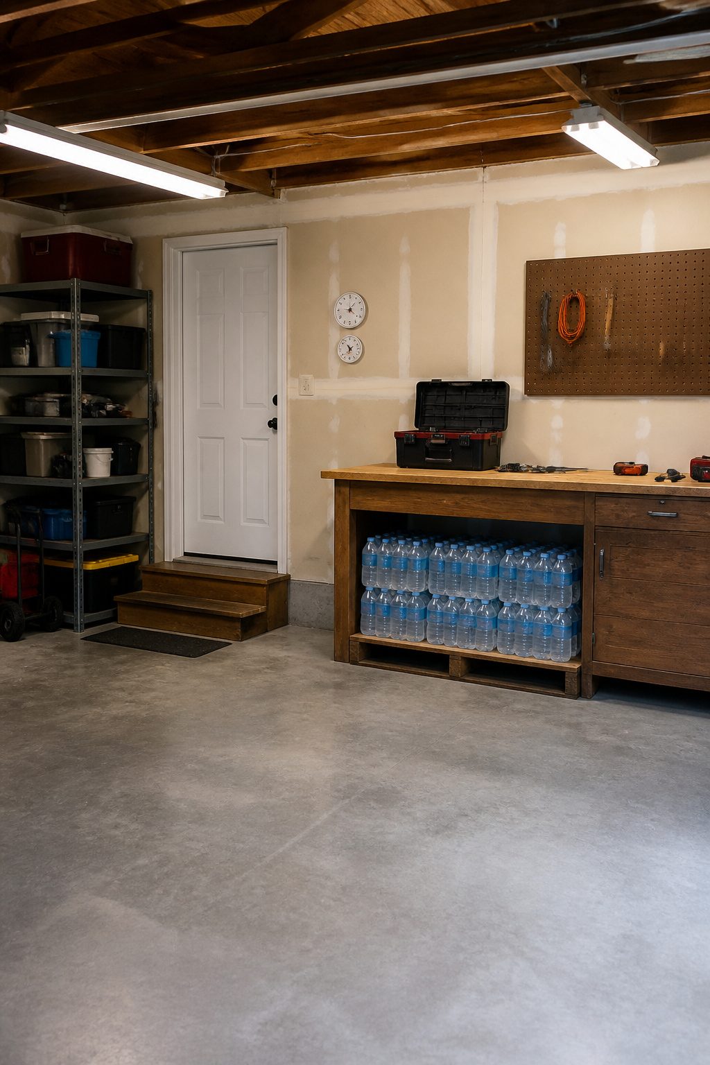 Bottled water cases stacked in a garage.
