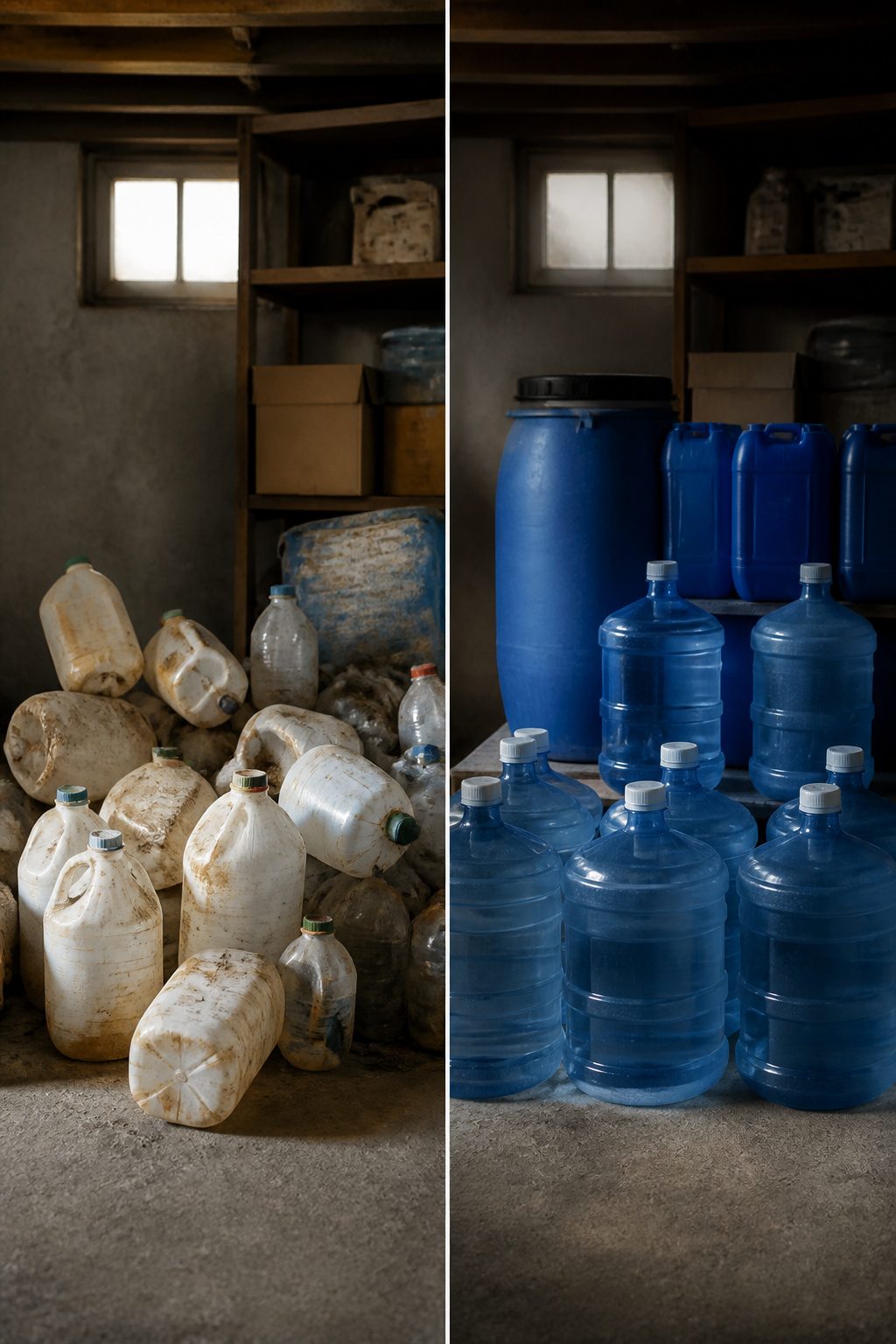 A collection of milk jugs, unsuitable for water storage.