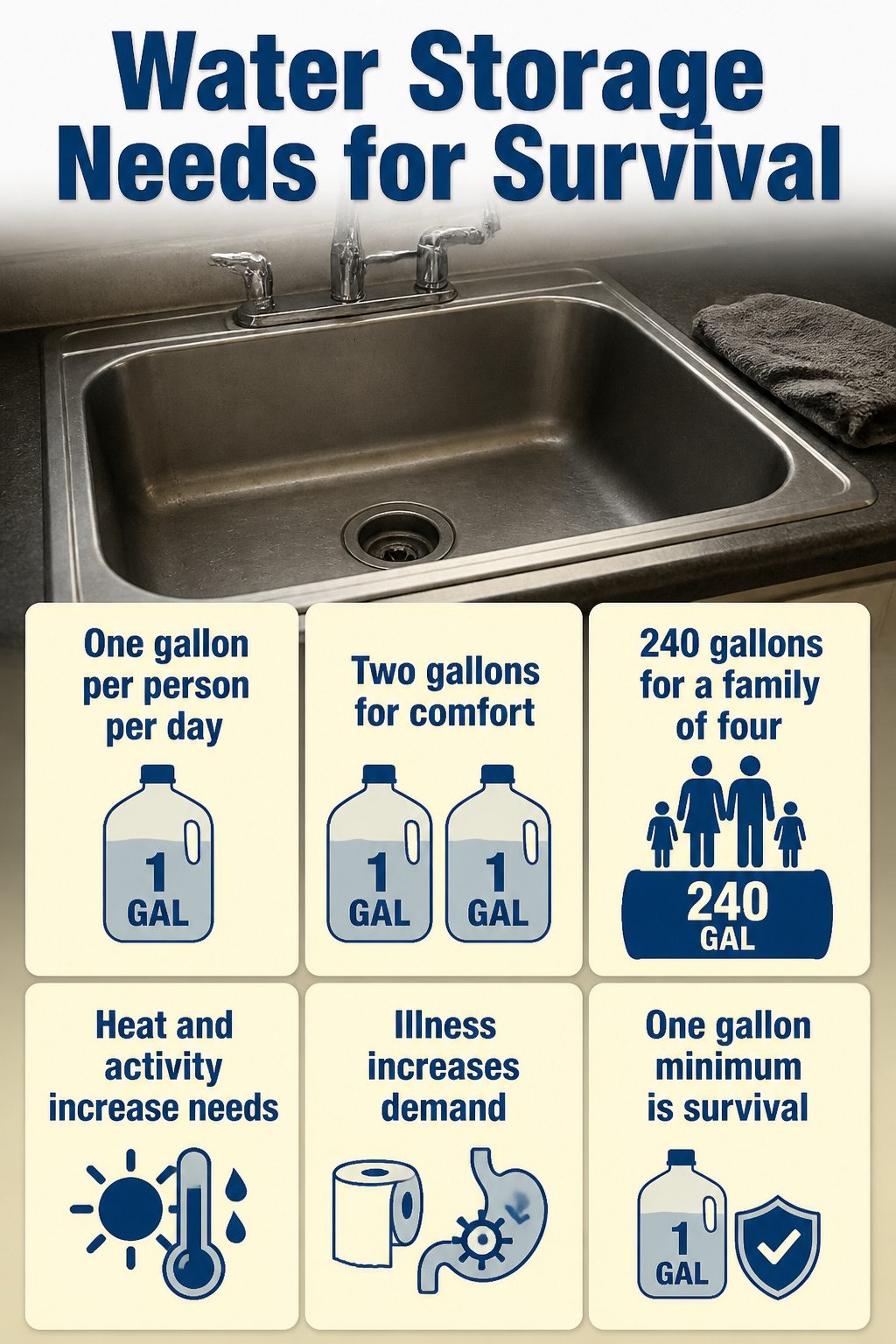 An informative chart detailing water storage needs for survival.